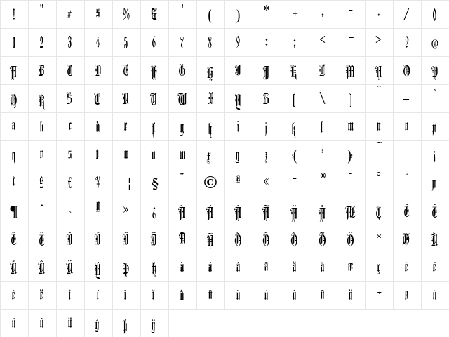 Duerer Gotisch UNZ Regular  glyph index