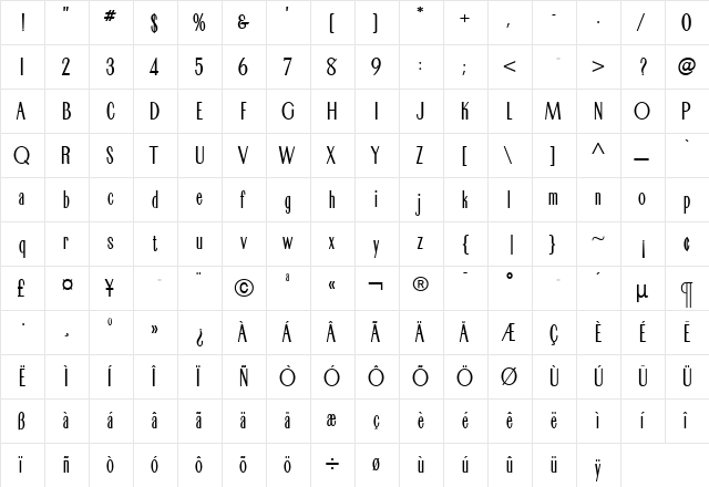 CameoHeavyline Roman  glyph index