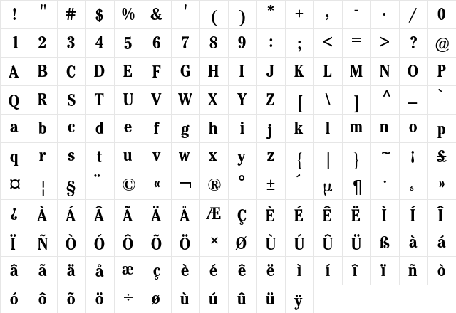 Cheltenham ITC BQ Regular  glyph index