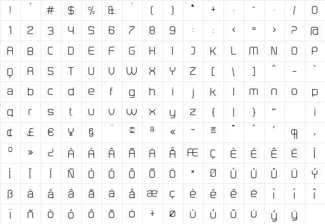 DistillaLight Regular  glyph index