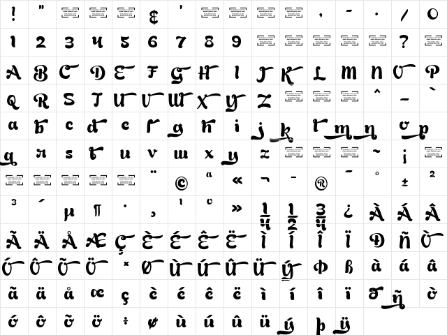 Bready Clockwise Demo Regular  glyph index