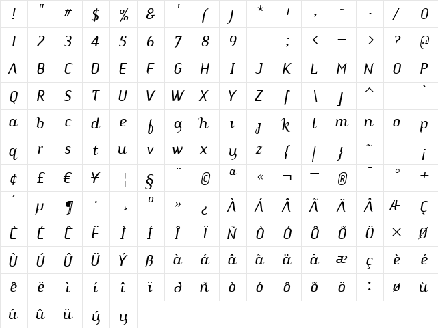 ARSTemper ScriptPlain  glyph index