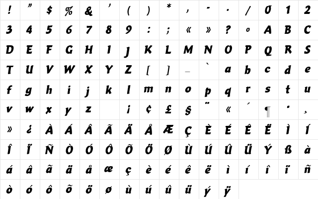 Vario-BoldItalic Regular  glyph index