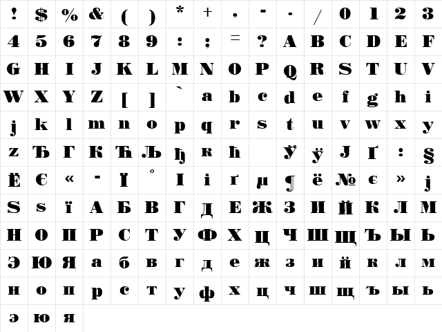 StandardPosterCTT Regular  glyph index