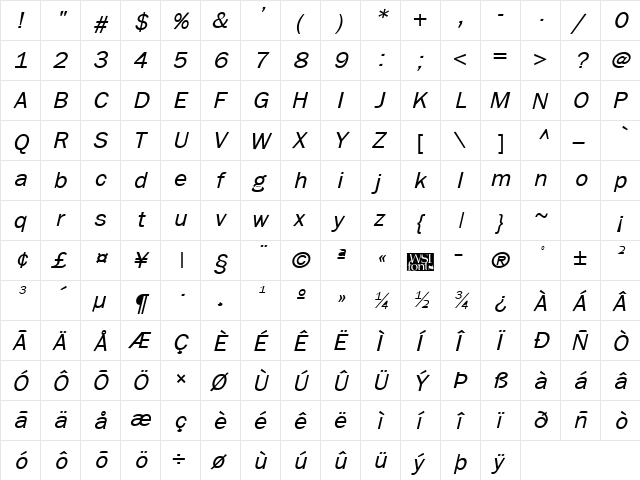 Frankfurt Italic  glyph index