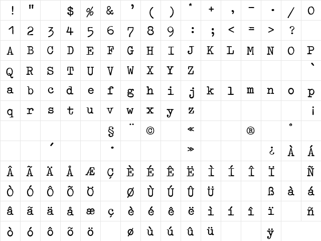 OldTypewriterExtBol Regular  glyph index