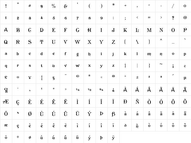 Koster Plain Regular  glyph index