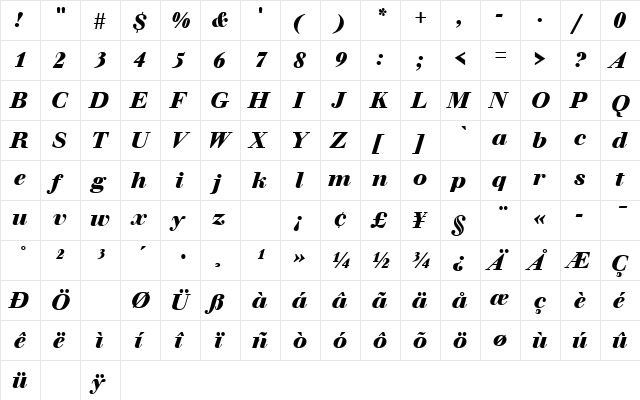 Walbaum Bold Italic  glyph index