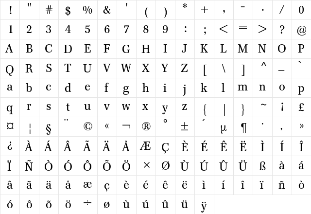 Franklin-Antiqua BQ Regular  glyph index