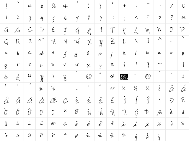 NolansHand Regular  glyph index