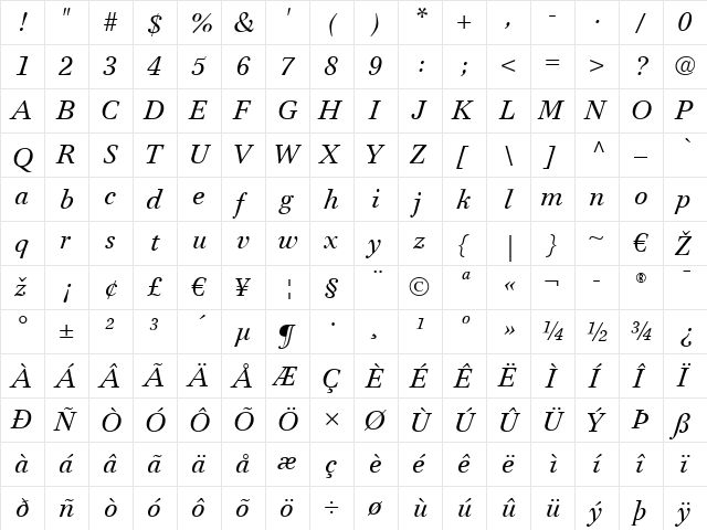 Iridium LT Regular Italic  glyph index