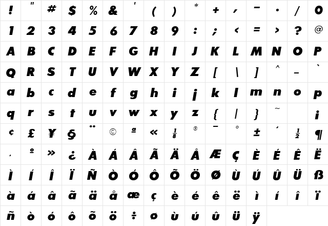 Bougan Black SSi Extra Bold Italic  glyph index