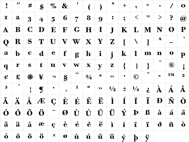 Bodoni Six ITC Bold OS  glyph index