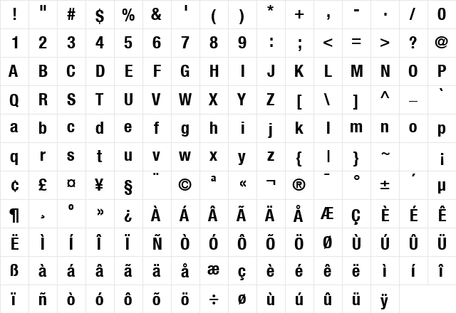 HeaveneticaCond7 BoldSH  glyph index