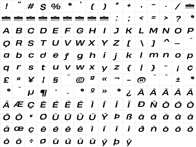 Heading Pro Wide Trial Bold Italic  glyph index