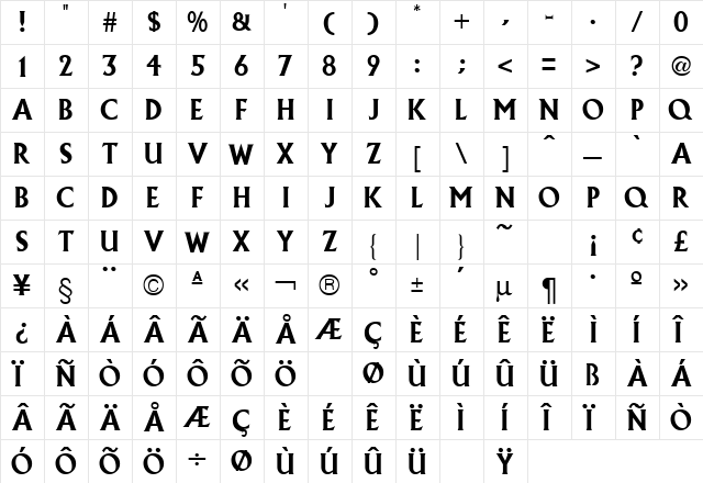 Alexander Bold  glyph index