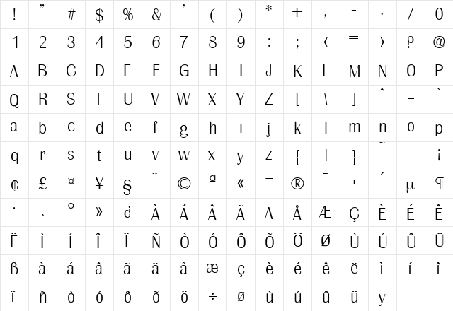 Grenoble-Serial-ExtraLight Regular  glyph index