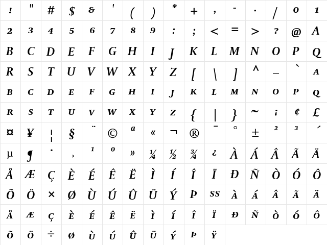 DTL Paradox T Caps Bold Italic  glyph index