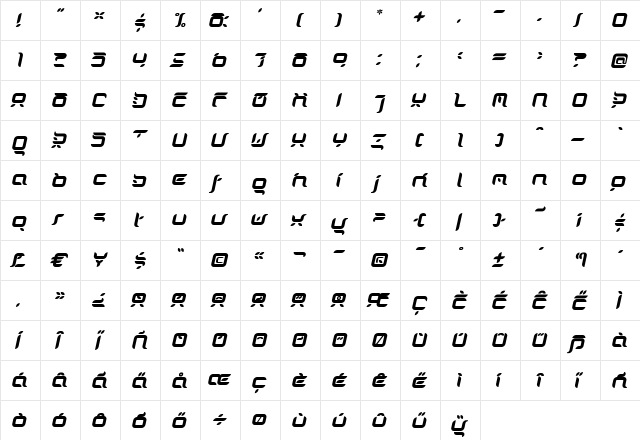 DorisOrange Italic  glyph index