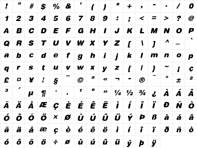 HelveticaRounded LT Bold Bold Italic  glyph index