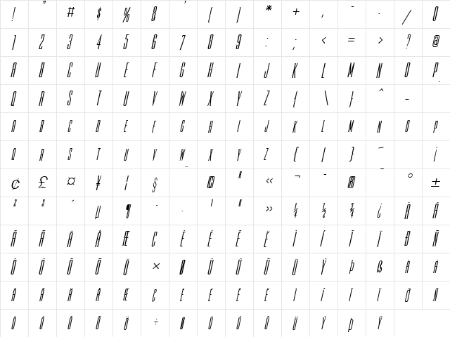 Slim Jim Bold Italic  glyph index