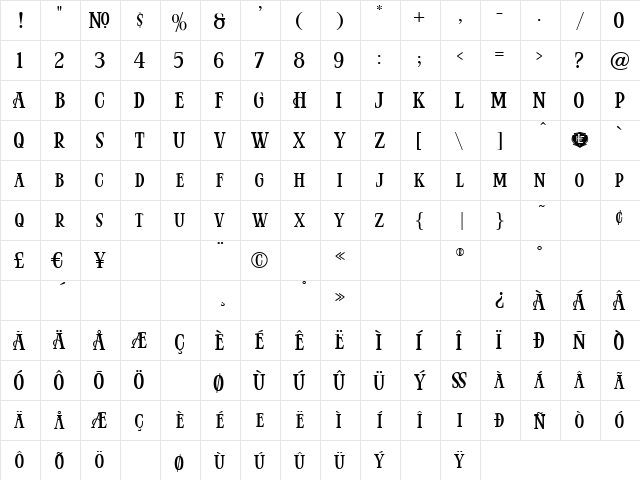 LHF Hertford REG Regular  glyph index