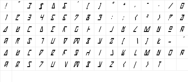 Nick Turbo Condensed Italic Condensed Italic  glyph index