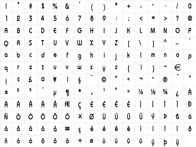 BiminiCondensed Bold  glyph index