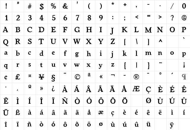 Worcester Bold  glyph index