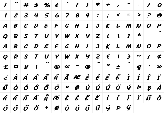 SF Arch Rival Extended Bold Italic  glyph index