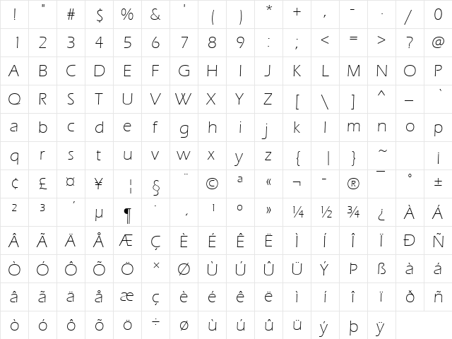Eras Light ITC Regular  glyph index