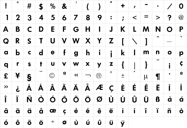 FuturaICG Demi  glyph index