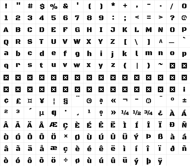 Black Ops One Regular  glyph index