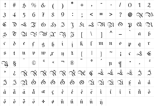 Royal Bavarian Plain Regular  glyph index