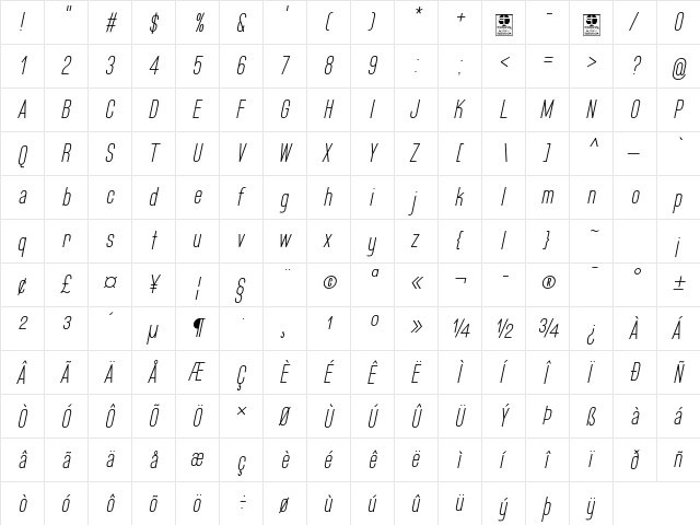 Bluefish Light Demo Italic  glyph index