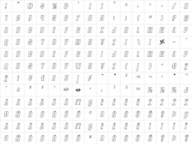 Rumble Tumble Outline Italic Italic  glyph index