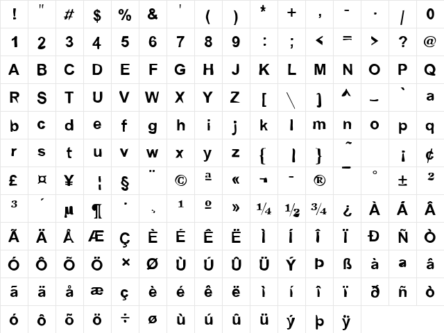 DTCDirtyM02 Regular  glyph index