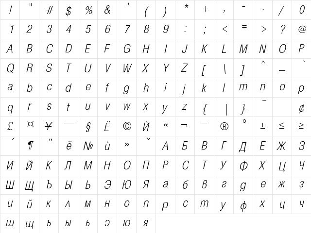 HebarCondLight Italic  glyph index