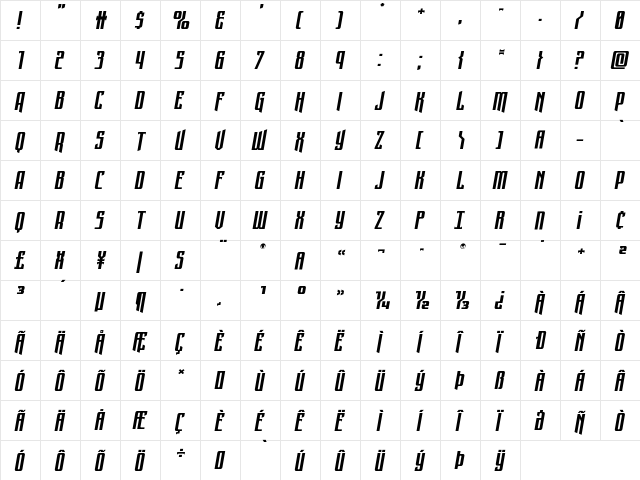 Night Traveler Expanded Italic Regular  glyph index