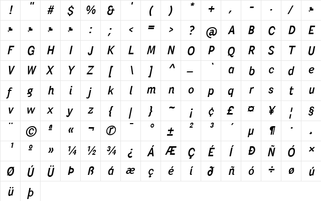 Pentay Sans Italic  glyph index