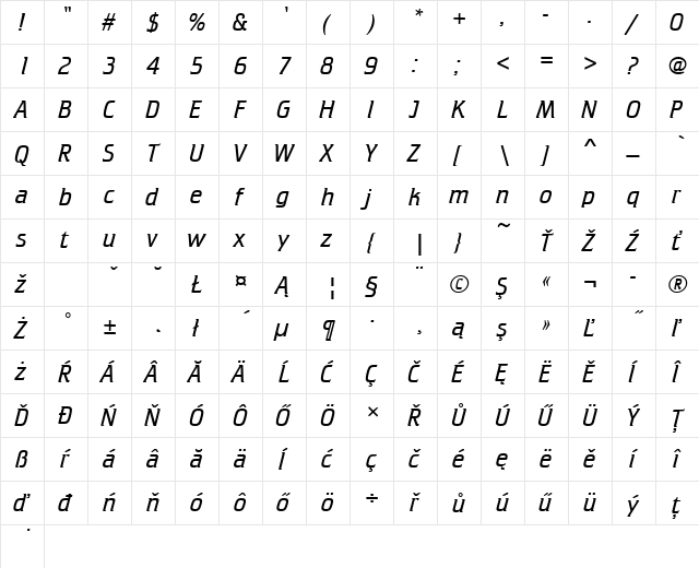 CrilleeTEELig Regular  glyph index