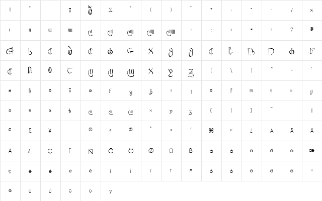 Courthand Regular  glyph index