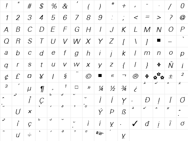 VNI-US Italic  glyph index