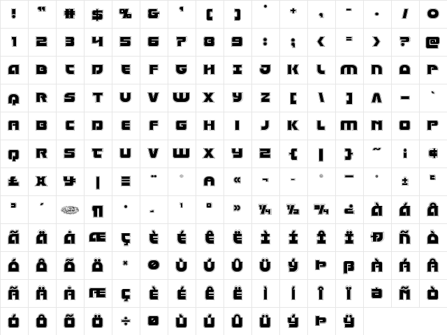 Laser Corps Academy Regular  glyph index