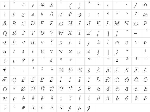 ArcherPro Light Italic  glyph index