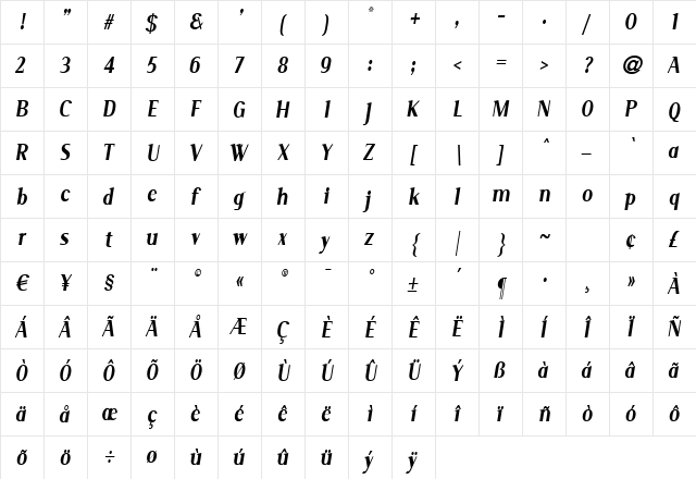 Serif Narrow Italic  glyph index