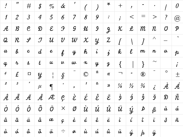 Monoline Script MT Std Regular  glyph index