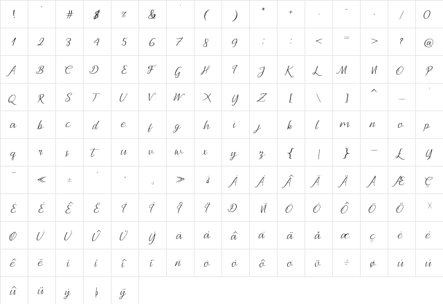 Andella Regular  glyph index