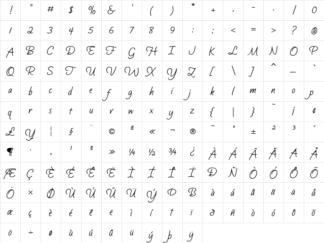 Silver Script Regular  glyph index