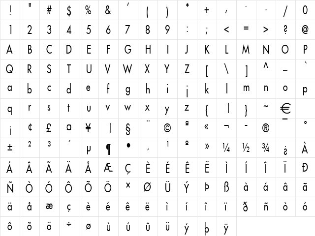 FusiCondensed Normal  glyph index